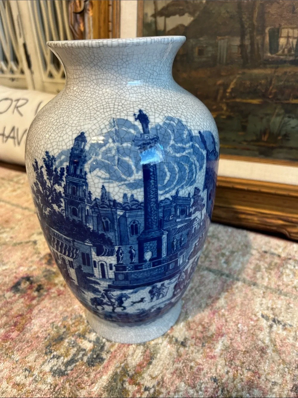 Victoria Ware Ironstone cobalt blue and white scenery vase